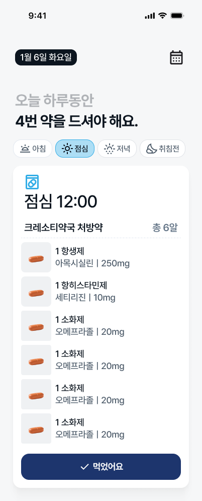 Medication schedule screen showing time-based dosage tracking